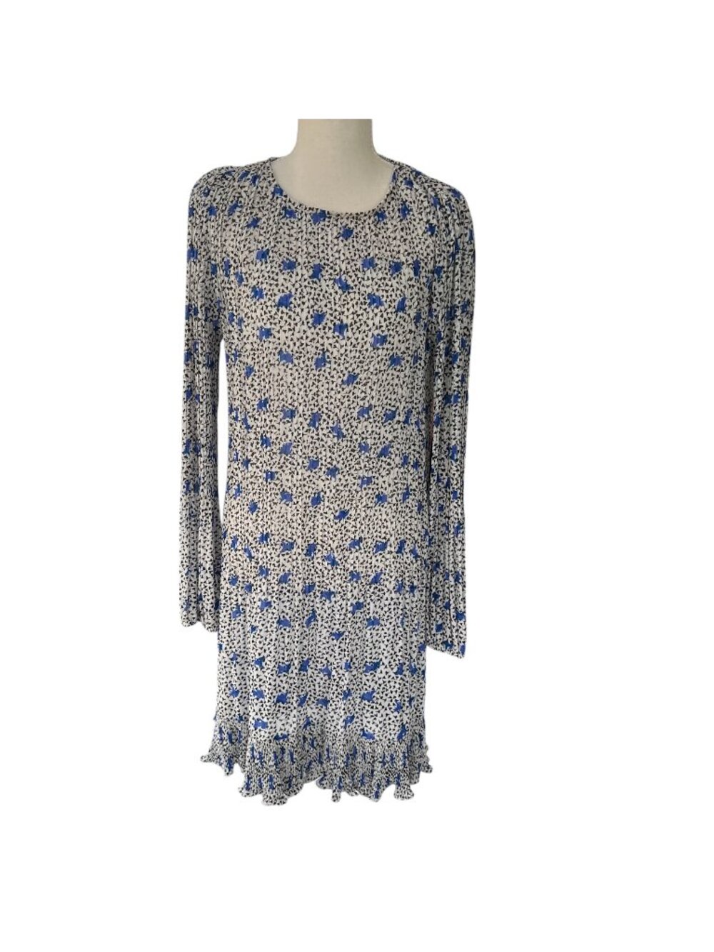 Maje Semi Sheer Floral Pleated Long Sleeve Ruffle Hem Mini Dress Size 40 8 US